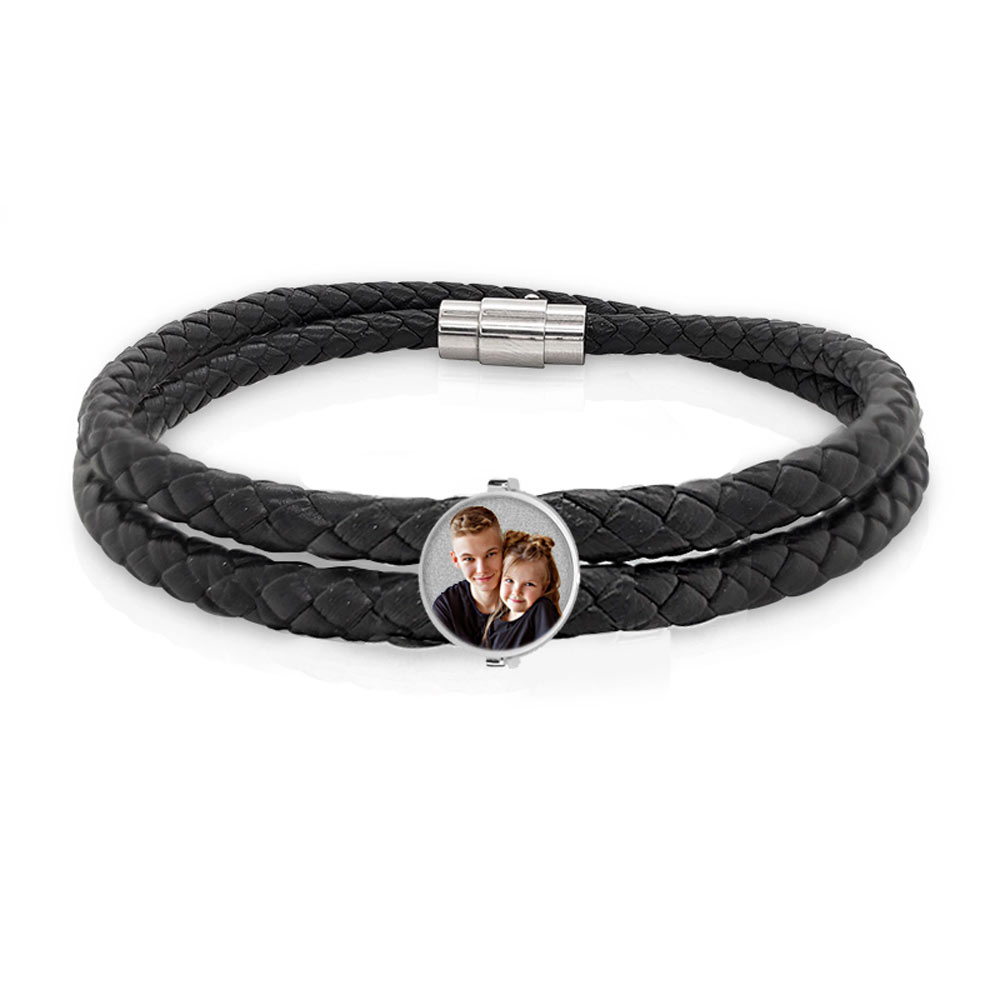 Photo Engraved Black Leather Rope Bracelet with Round Charm Jewelry in Stainless Steel | PicturesOnGold