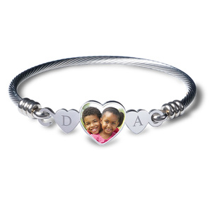 Stainless Steel Photo Engraved Heart Shaped Bangle Bracelet with Initials