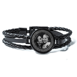 Black Stainless Steel Laser Etched Leather Bracelet