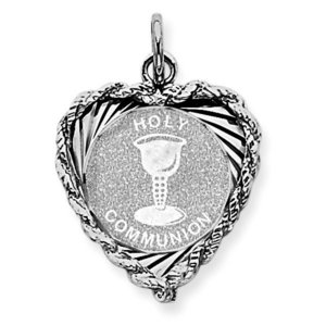 Sterling Silver Holy Communion Heart  with Rope Frame Charm