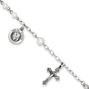 Sterling Silver  Cultured Pearl Rosary Bracelet  with First Holy Communion Medal