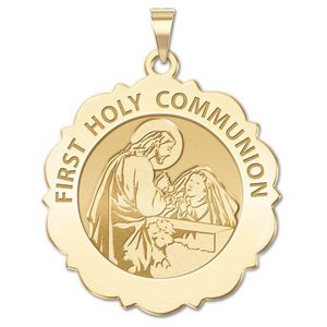 First Holy Communion Religious Medal Scalloped Round   Girl   EXCLUSIVE 