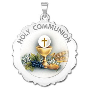 Holy Communion Scalloped Round Religious Medal  Color EXCLUSIVE 