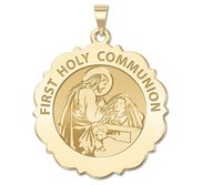 First Holy Communion Religious Medal Scalloped Round   Girl   EXCLUSIVE 