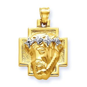 14K Two Tone Gold Christ Head and Cross with Polished Border