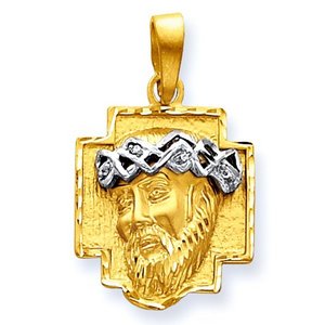 14K Two Tone Gold Christ Head and Cross with Diamond Cut Edge