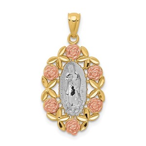 14K Tri Color Gold Our Lady Of Guadalupe Floral Religious Medal