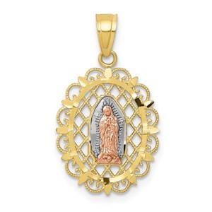 10K Tri Color Gold Our Lady Of Guadalupe Scalloped Oval Cut out Religious Medal