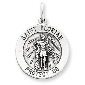 Sterling Silver Round Antiqued Saint Florian Religious Medal
