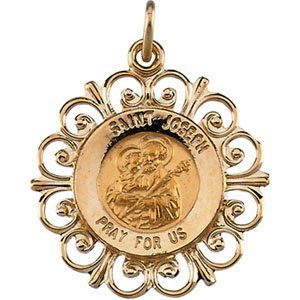 14K Yellow Gold Round Saint Joseph Religious Medal with Filigree Border