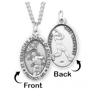 Sterling Silver Saint Sebastian Sided Baseball Oval Religious Medal w  Chain