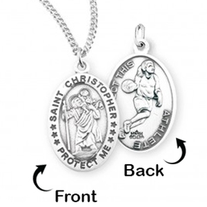 Sterling Silver Saint Christopher Double Sided Female Basketball Oval Religious Medal w  Chain