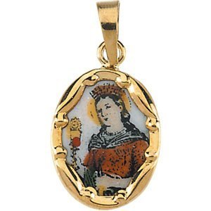 14K Gold and Porcelain Saint Barbara Religious Medal