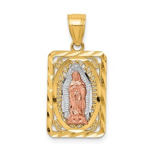 14K Tri Color Gold Our Lady Of Guadalupe Rectangle Diamond Cut Religious Medal