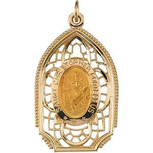 14K Yellow Gold Saint Christopher Church Window Religious Medal