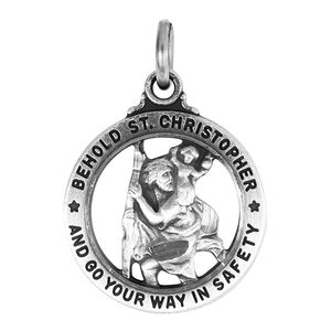 Antique Pewter Saint Christopher Cut out Safety Medal w  20 Inch Curb Chain