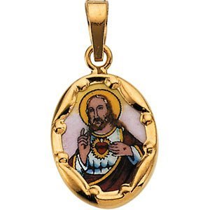 14K Gold and Porcelain Sacred Heart Religious Medal