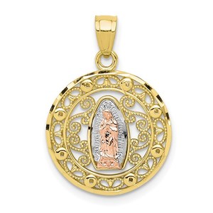 10K Tri Color Our Lady of Guadalupe Round Milgrain w  Diamond Cut Religious Medal