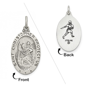 Sterling Silver Saint Christopher Double Sided Football Oval Religious Medal