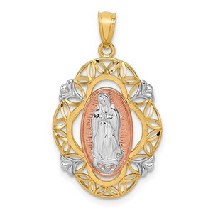 14K Tri Color Gold Our Lady Of Guadalupe Floral Cut Out Border Religious Medal