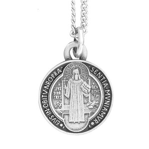 Pewter Saint Benedict Black Enameled Medal w  Continuous Curb Chain