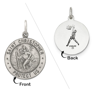 Sterling Silver Saint Christopher Double Sided Basketball Round Religious Medal