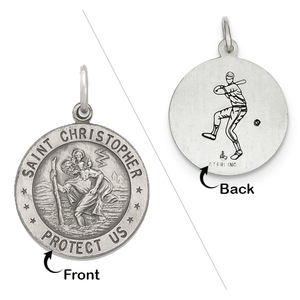 Sterling Silver Saint Christopher Double Sided Baseball Round Religious Medal