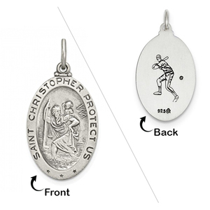 Sterling Silver Saint Christopher Double Sided Baseball Oval Religious Medal