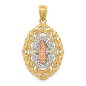 14K Tri Color Gold Our Lady Of Guadalupe Scalloped Oval Diamond Cut Religious Medal