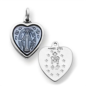 Sterling Silver Petite Heart Shaped Miraculous Religious Medal Pendant w  Epoxy Resin