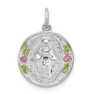 Sterling Silver Rhodium plated Polished Epoxy Miraculous Medal Pendant