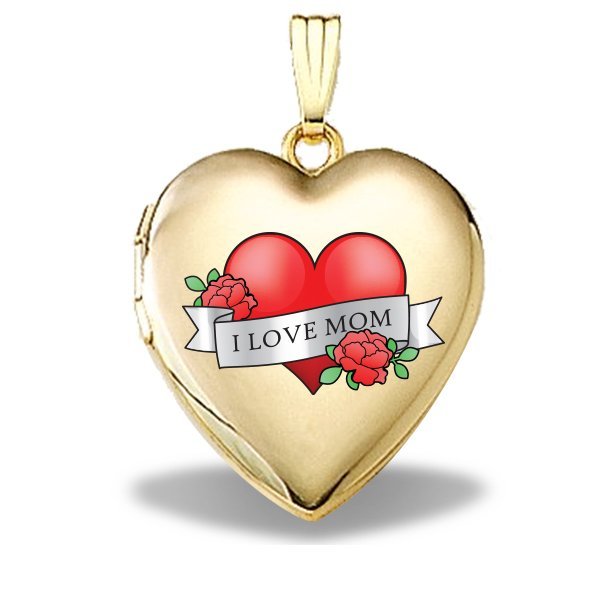 14K Solid Yellow Gold Mothers Day "Mom Tattoo" Heart Locket PG83451