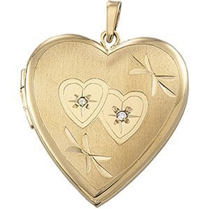 Solid 14K Yellow Gold Heart Photo Locket with Diamonds