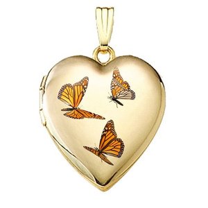 14K Yellow Gold Monarch Butterfly Heart Photo Locket