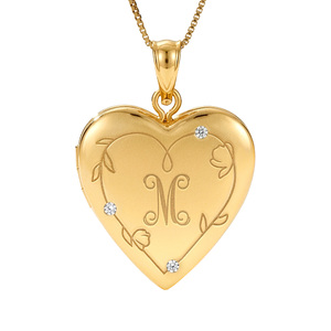 Floral Engraved Heart Locket with Diamond Accents and Initial
