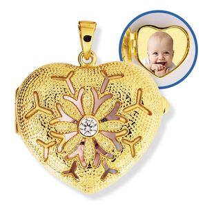 Yellow Gold Heart Photo Locket with Cubic Zirconias with Chain Included