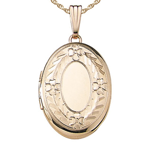 Solid 14K Yellow Gold Petite Oval Photo Locket with Floral Border