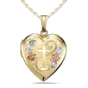 Solid 14K Yellow Gold Floral Cross Heart Photo Locket