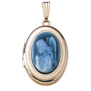 Solid 14k Yellow Gold Angel Cameo Oval Photo Locket
