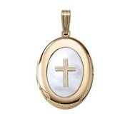 Solid 14K Yellow Gold Mother of Pearl Cross Oval Photo Locket