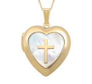 14k Yellow Gold Mother of Pearl   Cross Heart Photo Locket