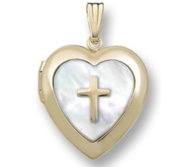 14k Gold Filled Mother of Pearl Cross Heart Photo Locket