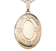 Solid 14K Yellow Gold Petite Oval Photo Locket with Floral Border
