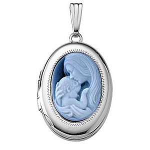 14k White Gold Mother   Child Cameo Oval Photo Locket