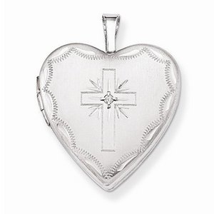 14k White Gold Cross Heart Photo Locket with Diamond