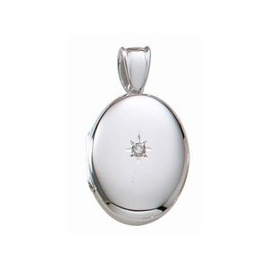 14k White Gold Premium Oval Photo Locket with Diamond