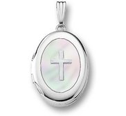 14k White Gold Mother of Pearl Cross Oval Photo Locket