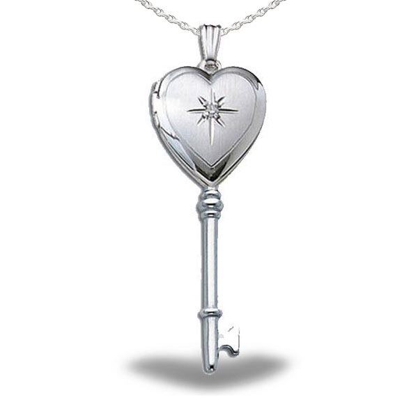 PicturesOnGold.com 14k White Gold Be My Valentine Key Heart Locket 1/2 Inch X Over1-1/4 Inch in Solid 14K White Gold 
