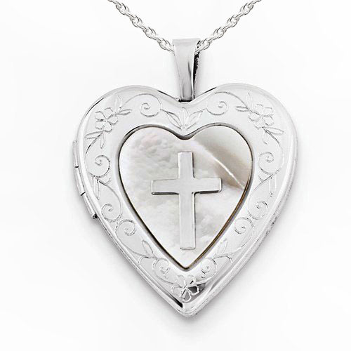 Sterling Silver Mother of Pearl Cross Heart Photo Locket - PG87499