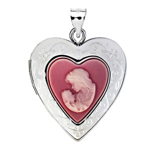 Sterling Silver Pink Mother   Child Cameo Heart Photo Locket